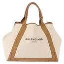 BALENCIAGA Navy Cabas Bag Canvas Leather Light Beige Silver 339936 Auth gh1160-13