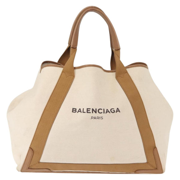 BALENCIAGA Navy Cabas Bag Canvas Leather Light Beige Silver 339936 Auth gh1160