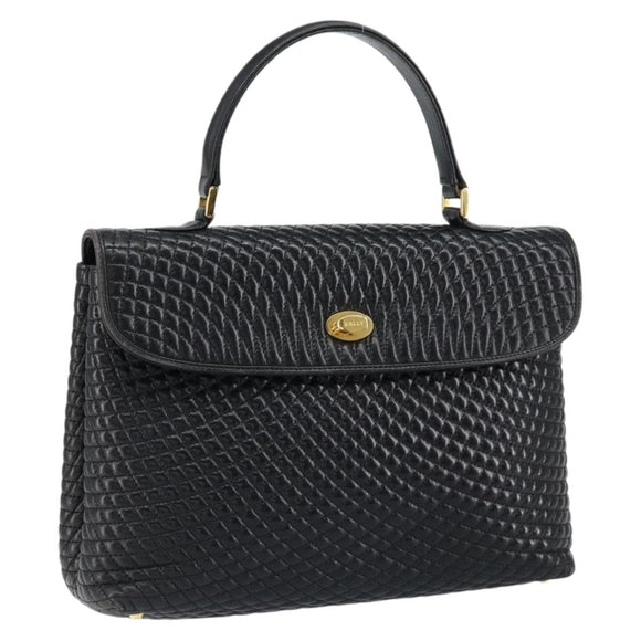 BALLY Quilted Hand Bag Leather Black Gold Auth gh1161
