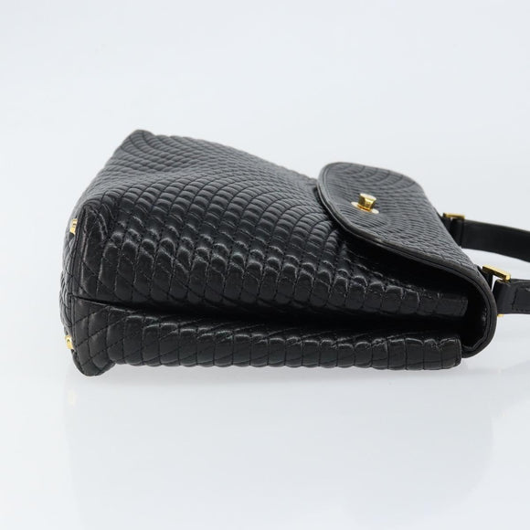 BALLY Quilted Hand Bag Leather Black Gold Auth gh1161