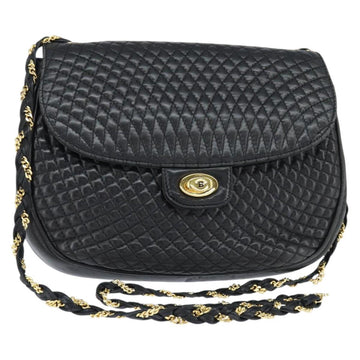 BALLY Quilted Chain Shoulder Bag Leather Black Gold Auth gh1162