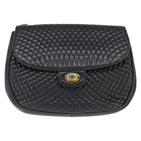 BALLY Quilted Chain Shoulder Bag Leather Black Gold Auth gh1162
