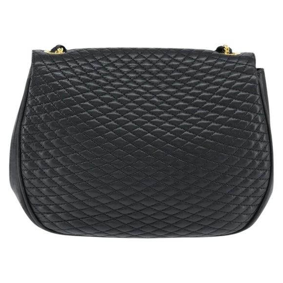 BALLY Quilted Chain Shoulder Bag Leather Black Gold Auth gh1162