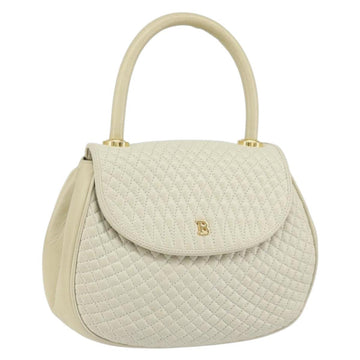 BALLY Quilted Hand Bag Leather White Gold Auth gh1163