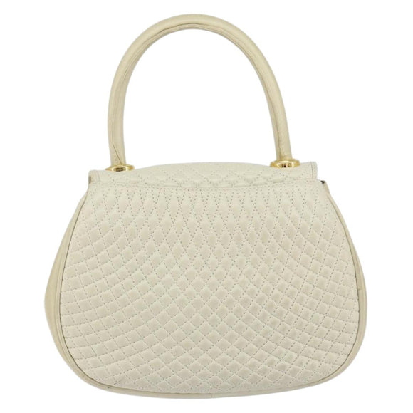 BALLY Quilted Hand Bag Leather White Gold Auth gh1163
