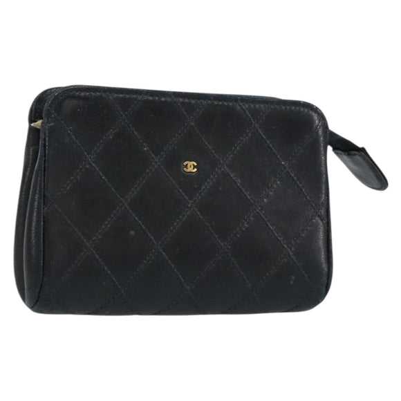CHANEL Bicolore Pouch Lamb Skin Black Gold CC Auth gh1175
