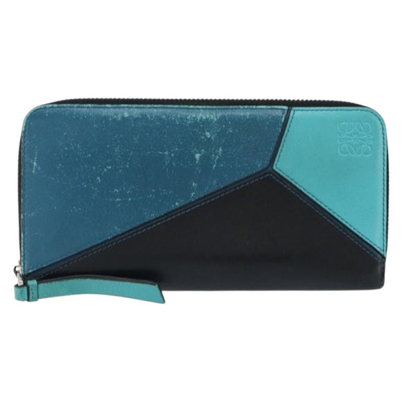 LOEWE Anagram Long Wallet Leather Blue Silver Auth gh1176