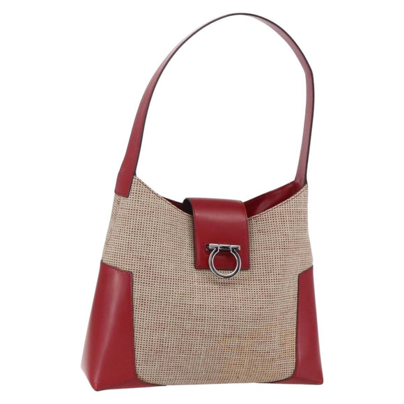 Salvatore Ferragamo Gancini Shoulder Bag Canvas Beige Silver Auth gh1189