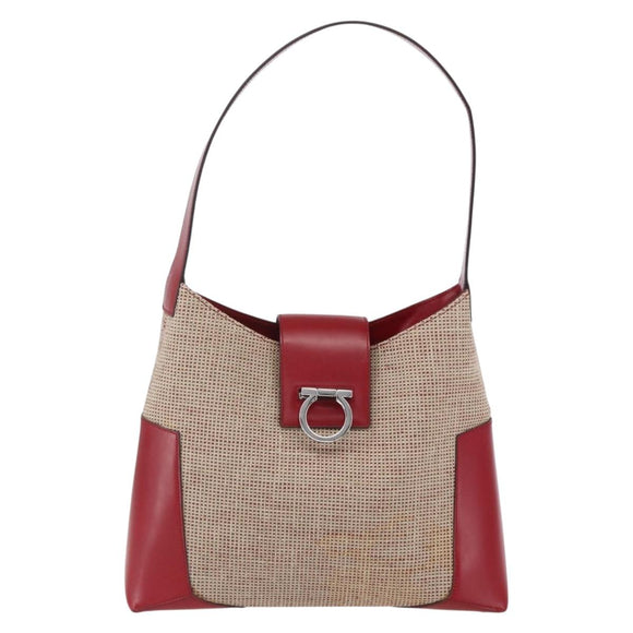 Salvatore Ferragamo Gancini Shoulder Bag Canvas Beige Silver Auth gh1189