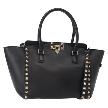 VALENTINO Studs Hand Bag Leather 2way Black Gold Auth gh1199