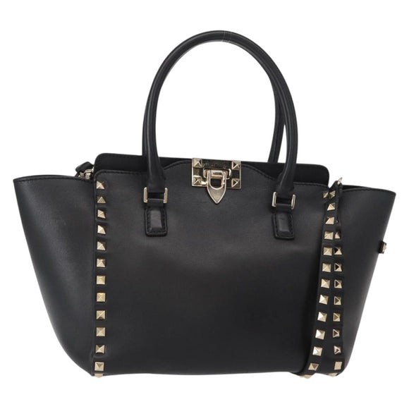 VALENTINO Studs Hand Bag Leather 2way Black Gold Auth gh1199