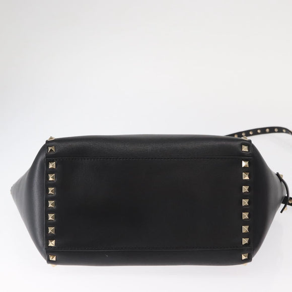 VALENTINO Studs Hand Bag Leather 2way Black Gold Auth gh1199