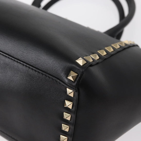 VALENTINO Studs Hand Bag Leather 2way Black Gold Auth gh1199