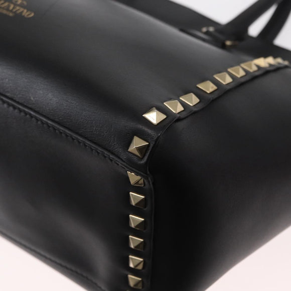 VALENTINO Studs Hand Bag Leather 2way Black Gold Auth gh1199
