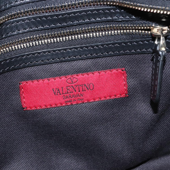 VALENTINO Studs Hand Bag Leather 2way Black Gold Auth gh1199