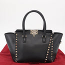 VALENTINO Studs Hand Bag Leather 2way Black Gold Auth gh1199-12