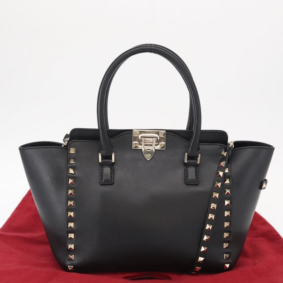 VALENTINO Studs Hand Bag Leather 2way Black Gold Auth gh1199