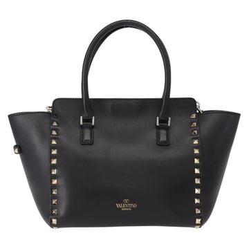 VALENTINO Studs Hand Bag Leather 2way Black Gold Auth gh1199 - 0