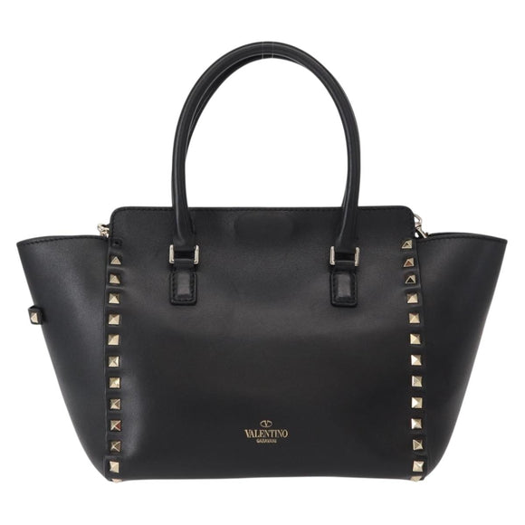 VALENTINO Studs Hand Bag Leather 2way Black Gold Auth gh1199