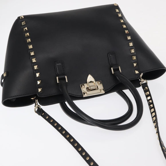 VALENTINO Studs Hand Bag Leather 2way Black Gold Auth gh1199