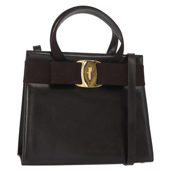 Salvatore Ferragamo Vala Hand Bag Leather 2way Brown Gold Auth gh1202