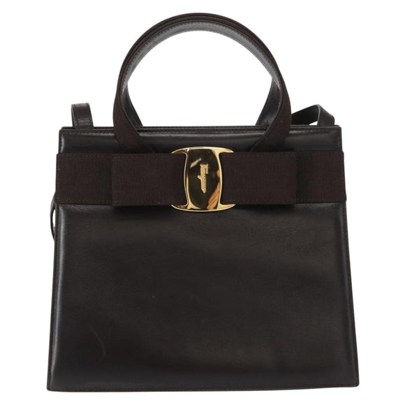 Salvatore Ferragamo Vala Hand Bag Leather 2way Brown Gold Auth gh1202