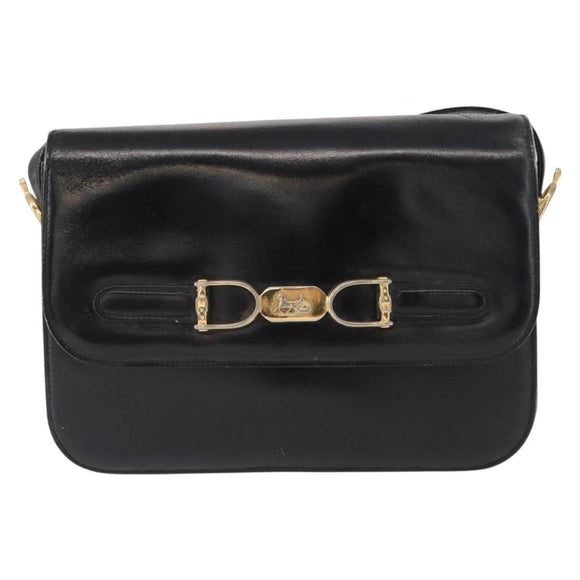 CELINE Horse Carriage Shoulder Bag Leather Black Gold Auth gh1220