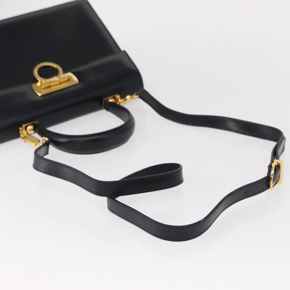 Salvatore Ferragamo Gancini Hand Bag Leather 2way Navy Gold Auth gh1234