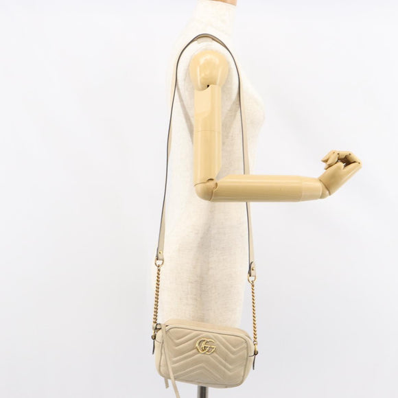 GUCCI GG Marmont Mini Camera Bag Leather White Gold 448065 Auth gh1235