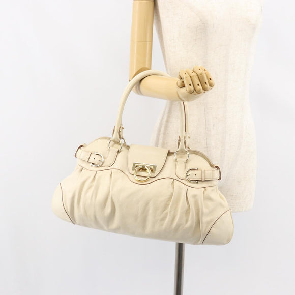 Salvatore Ferragamo Gancini Hand Bag Leather White Gold Auth gh1239