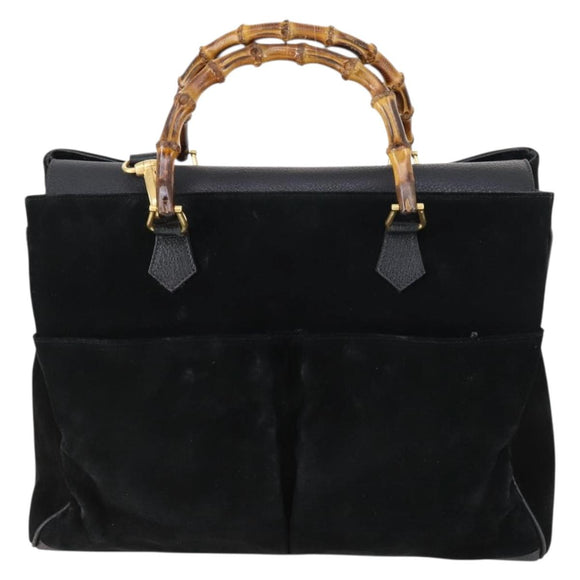 GUCCI Bamboo Hand Bag Suede 2way Black Gold 002 123 0322 Auth gh1242