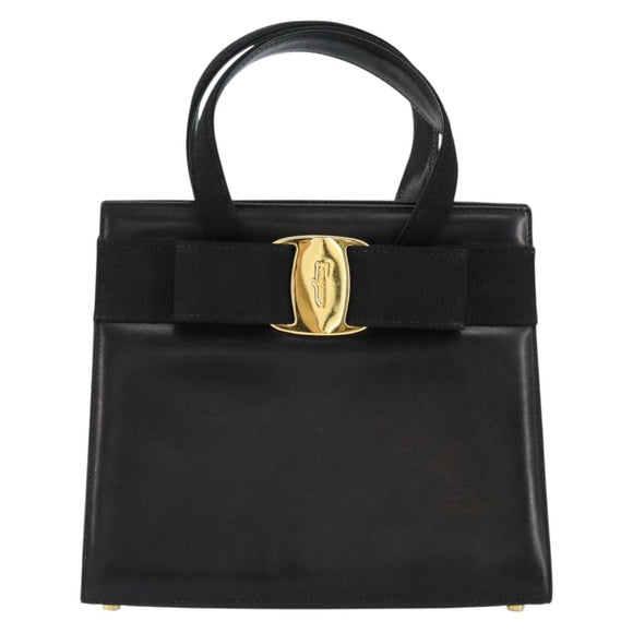 Salvatore Ferragamo Vala Hand Bag Leather Black Gold Auth gh1249