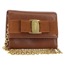 Salvatore Ferragamo Vala Chain Embossed Bag Leather Brown Gold Auth gh1250-1
