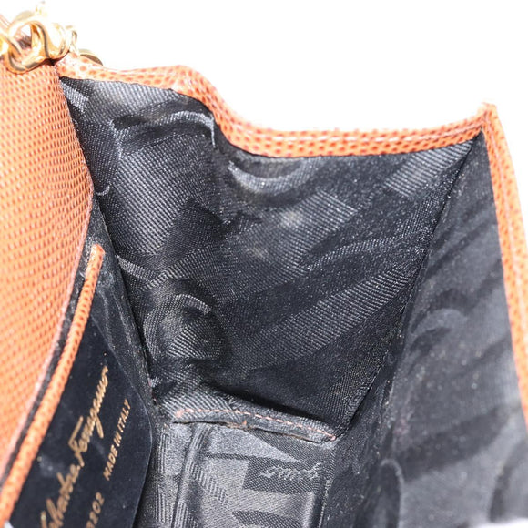 Salvatore Ferragamo Vala Chain Embossed Bag Leather Brown Gold Auth gh1250