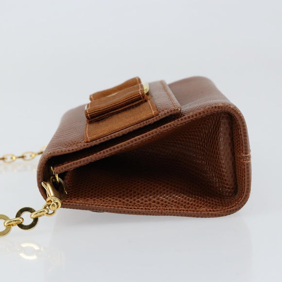 Salvatore Ferragamo Vala Chain Embossed Bag Leather Brown Gold Auth gh1250