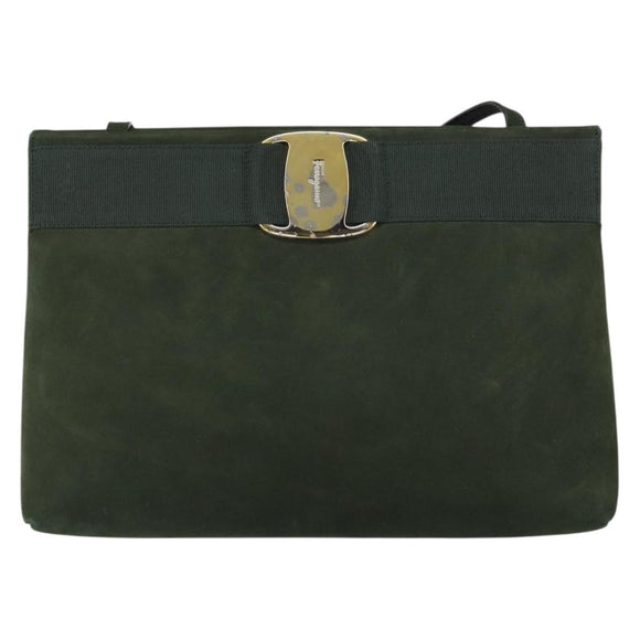 Salvatore Ferragamo Vala Shoulder Bag Suede Khaki Gold Auth gh1252