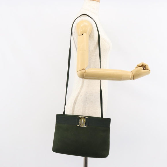 Salvatore Ferragamo Vala Shoulder Bag Suede Khaki Gold Auth gh1252