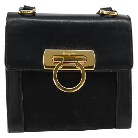 Salvatore Ferragamo Gancini Shoulder Bag Leather Black Gold Auth gh1266