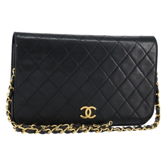 CHANEL Matelasse Chain Shoulder Bag Lamb Skin Black Gold CC Auth gh1276