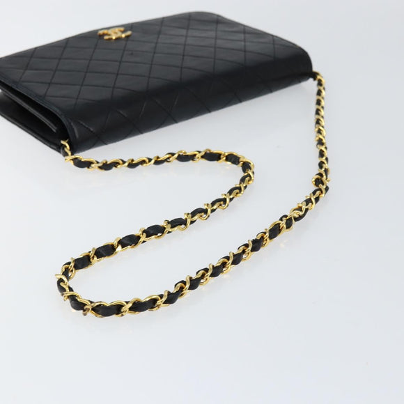 CHANEL Matelasse Chain Shoulder Bag Lamb Skin Black Gold CC Auth gh1276