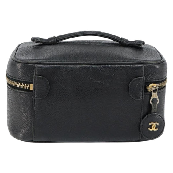 CHANEL COCO Mark Vanity Pouch Caviar Skin Black Gold CC Auth gh1283
