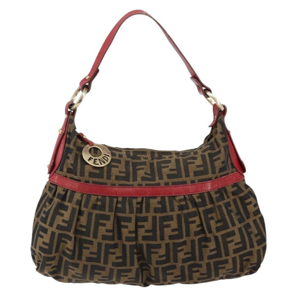 FENDI Zucca Canvas Shoulder Bag Black Brown Auth gh1286