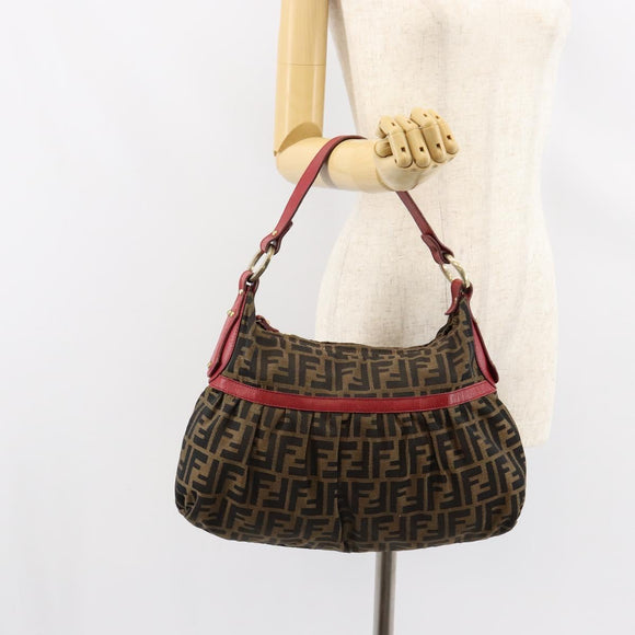 FENDI Zucca Canvas Shoulder Bag Black Brown Auth gh1286