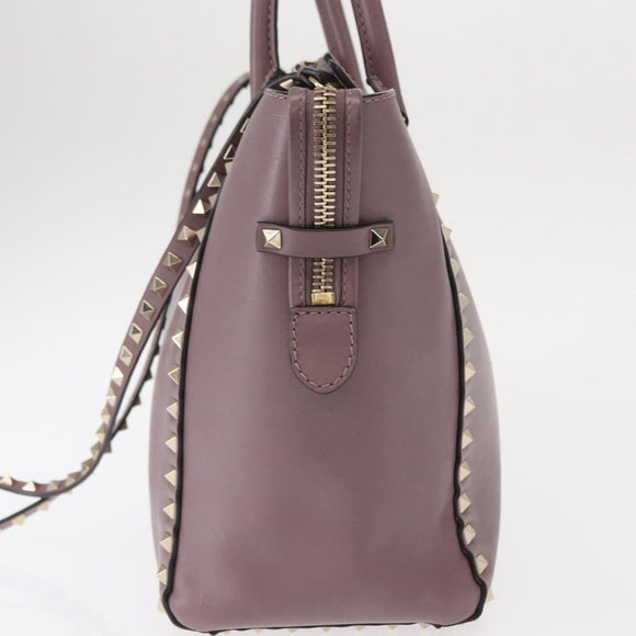 VALENTINO Studs Hand Bag Leather 2way Purple Gold Auth gh1289