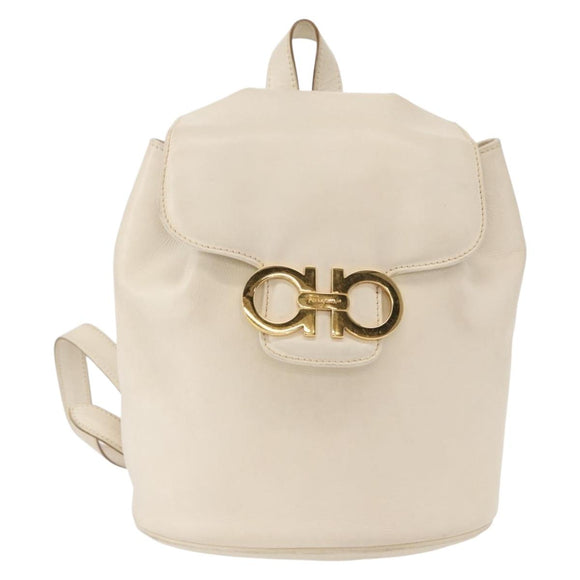 Salvatore Ferragamo Gancini Backpack Leather White Gold Auth gh1299