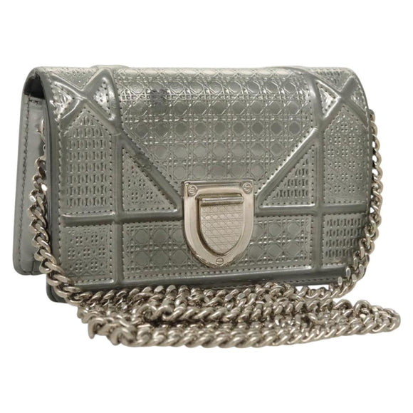 Christian Dior Chain Diomara Shoulder Bag Enamel Silver Auth gh136