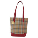 BURBERRY Nova Check Tote Bag Canvas Leather Beige Red gold Auth gh1367-13