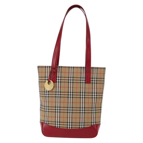 BURBERRY Nova Check Tote Bag Canvas Leather Beige Red gold Auth gh1367