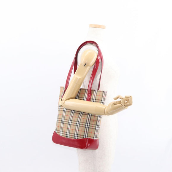 BURBERRY Nova Check Tote Bag Canvas Leather Beige Red gold Auth gh1367
