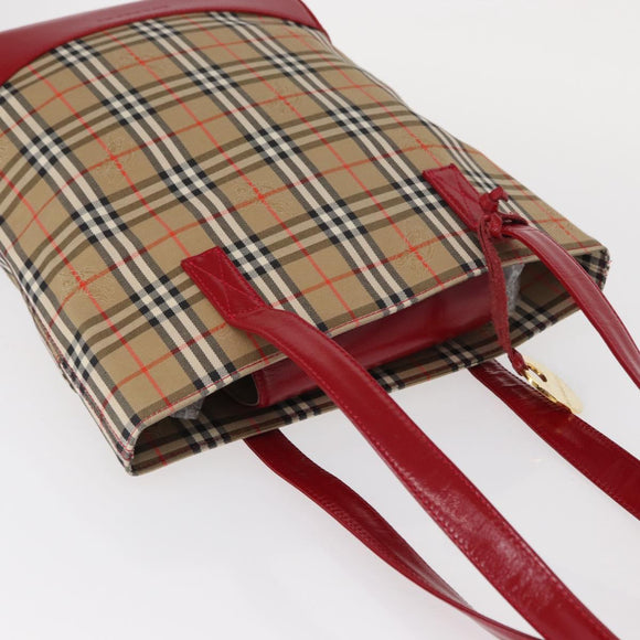 BURBERRY Nova Check Tote Bag Canvas Leather Beige Red gold Auth gh1367